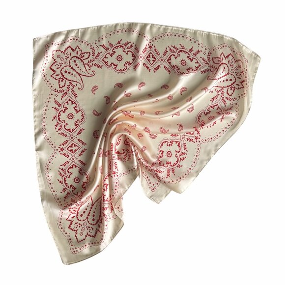 ❤️❤️Elegant Bandana Square Scarf Silky Satin Soft WHITE RED Wrap Paisley Floral - Picture 6 of 7